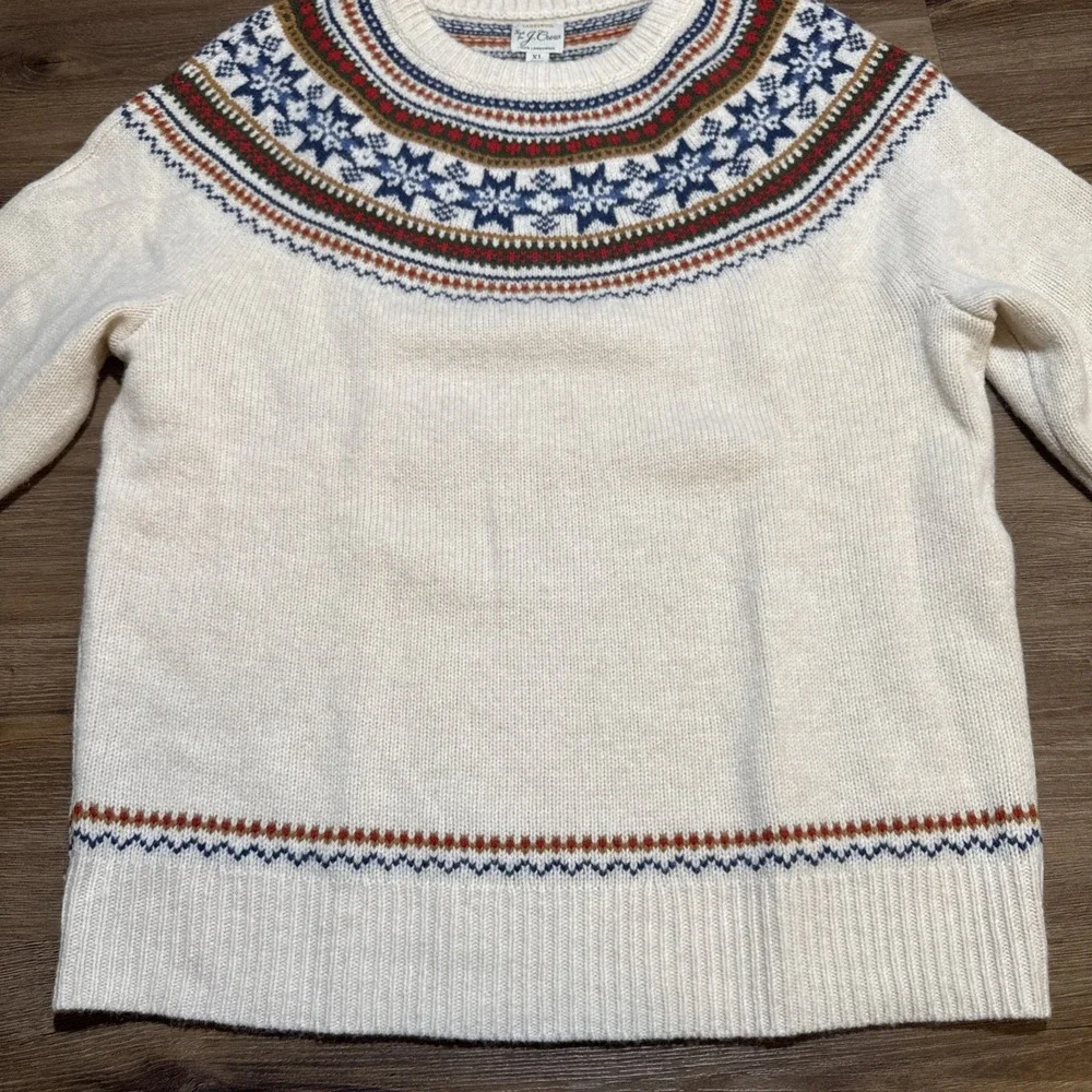 J Crew Sweater Men's XL Beige 100% Lambswool Fair Isle Yoked Crewneck Pullover - Picture 6 of 13